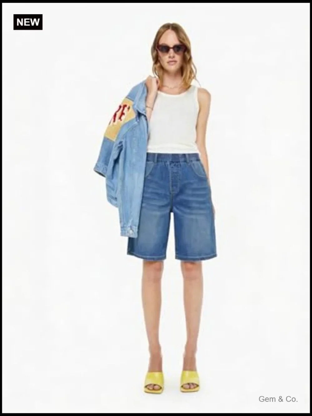 Women's Elastic Waisted Bermuda Jean Shorts Long Denim Jorts Knee Length Baggy
